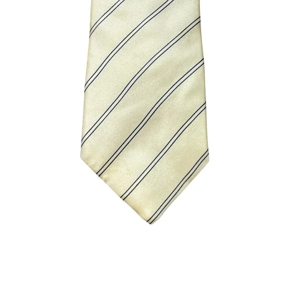 Mens 100% Silk Tie Cream Yellow Navy Blue Diagonal Striped Made in USA Italian